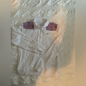 Vineyard Vines White Zip-Up Sweater with Red and Blue Stripes